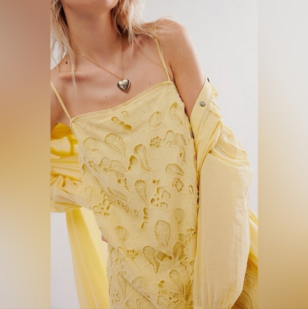 🌼NWT Free People Two Piece Co-ord Set Yellow Floral Eyelet Dress Size XS - Picture 4 of 10
